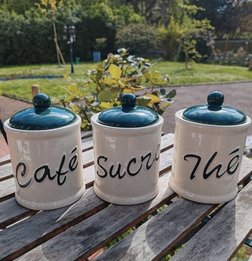 Set of green and white kitchen supply tea coffee sugar pot