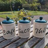 Set of green and white kitchen supply tea coffee sugar pot