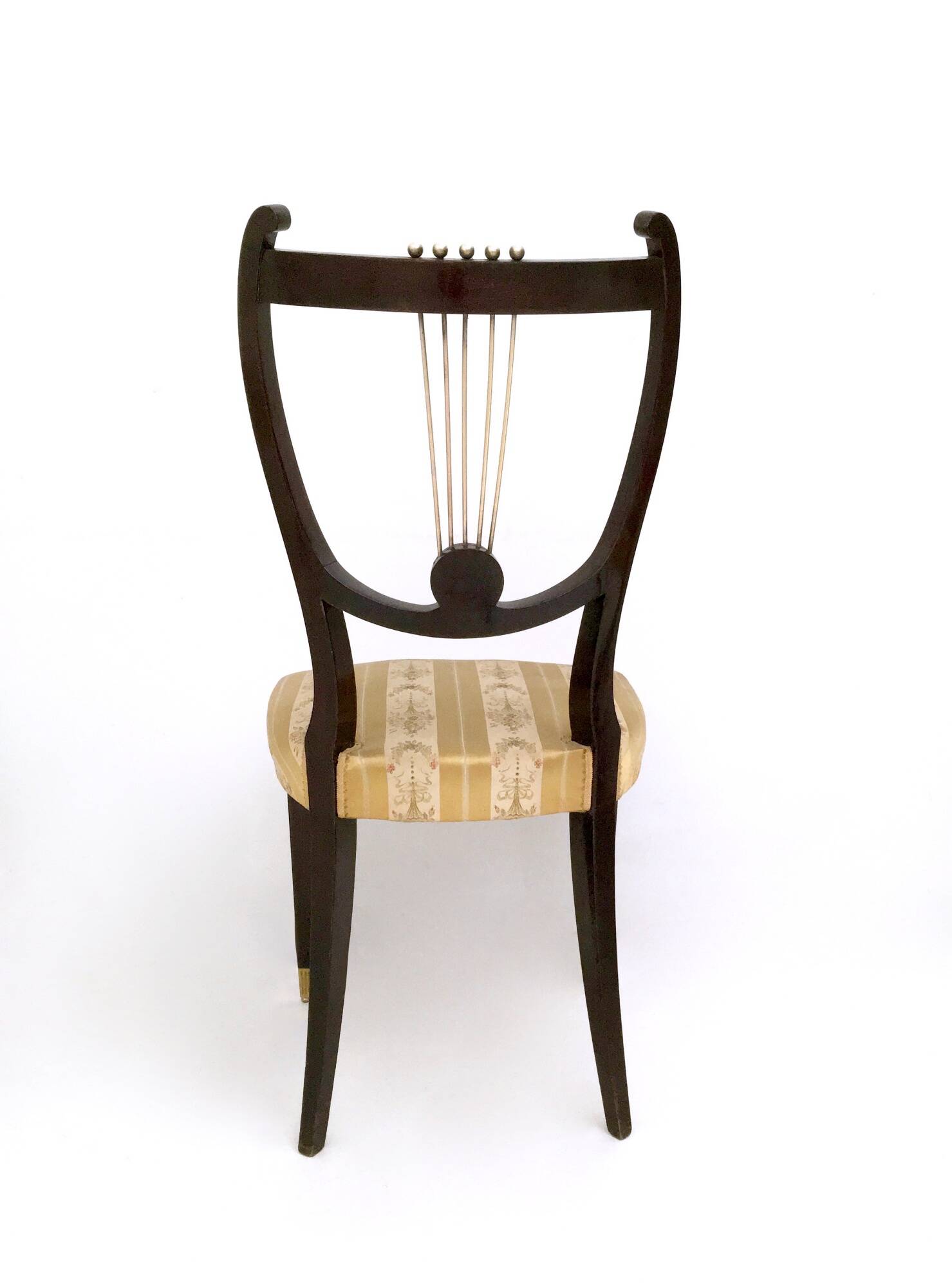 Set of Six Vintage Beech and Brass Dining Chairs with Goldenrod Fabric