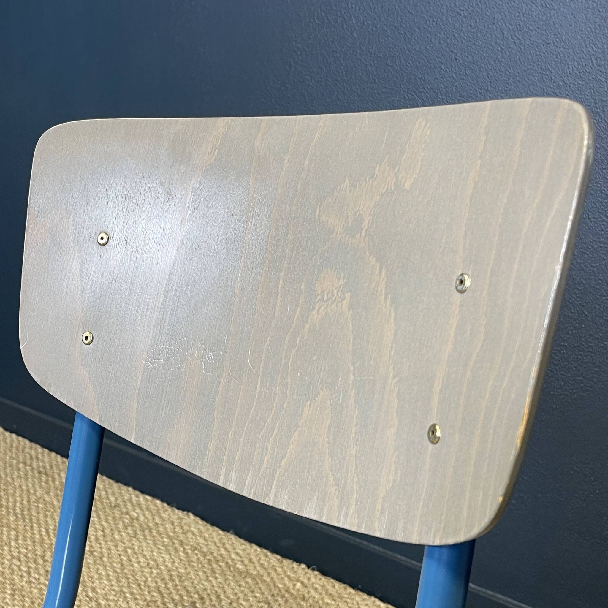 Set of 12 gray wood school chairs with blue feet Netherlands 70s/80s