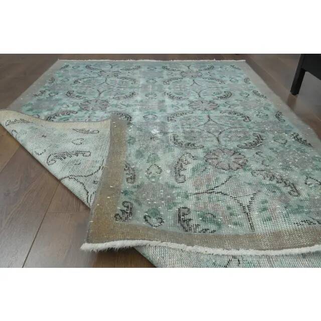 1970s vintage Turkish hand-knotted wool cotton green area rug 196x224