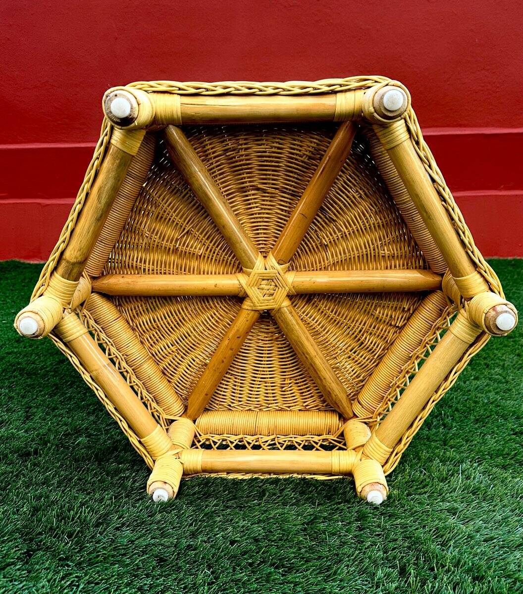 Vintage hexagonal rattan side table with original label, 1980.