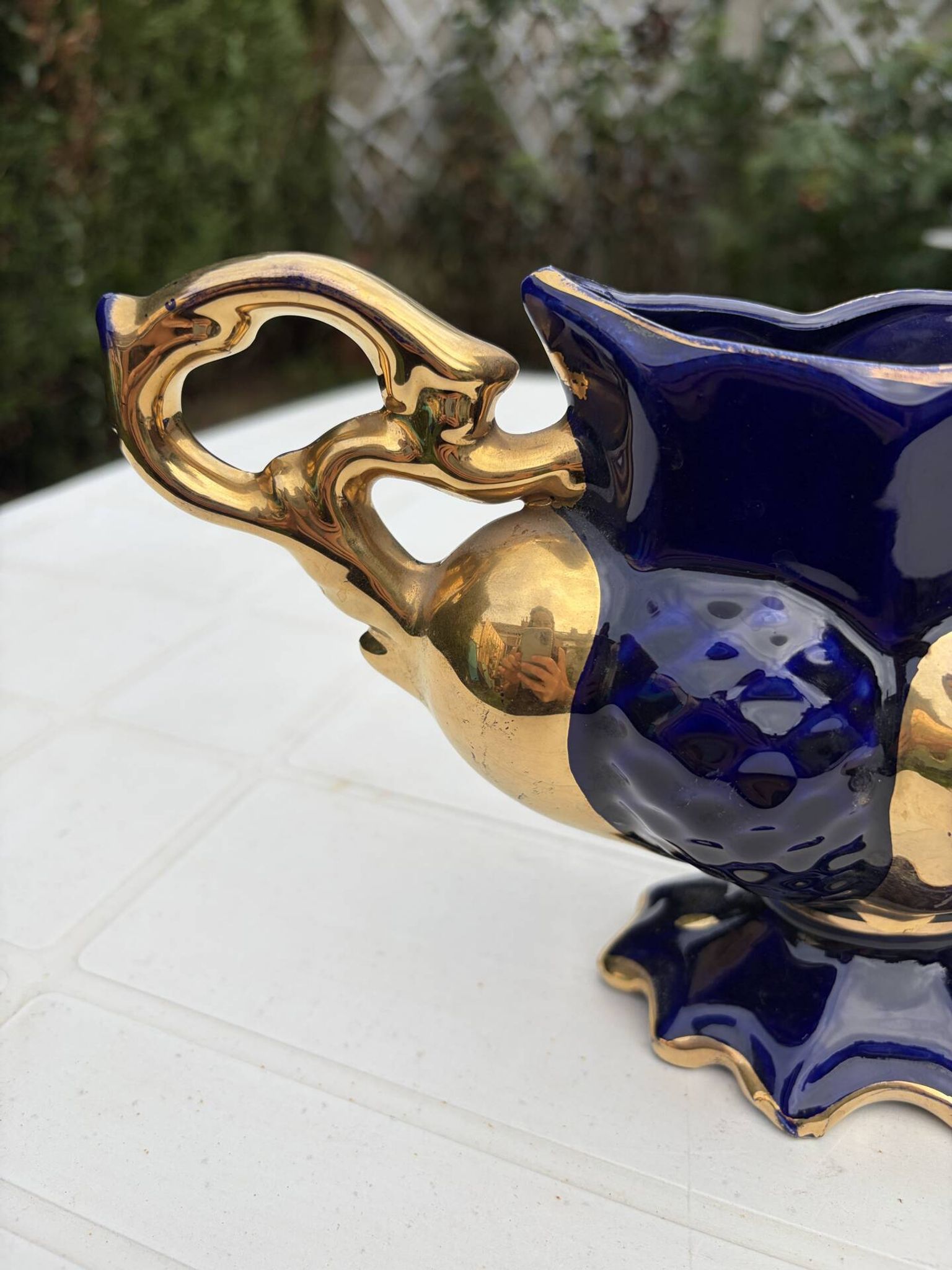 Cobalt blue vase urn planter gold-plated vintage Italy