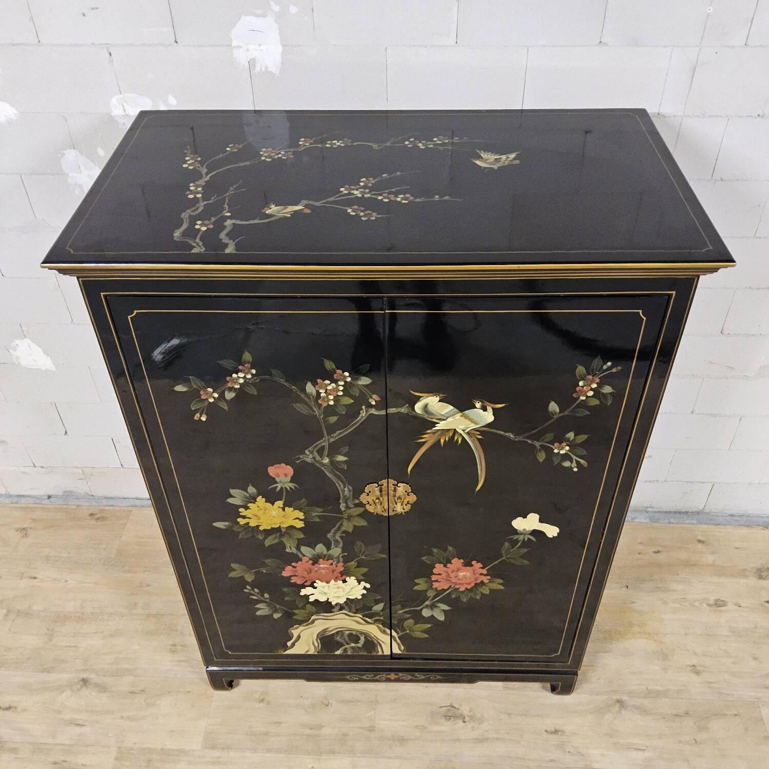 Vintage Chinese black lacquer cabinet with birds and flowers bohemian