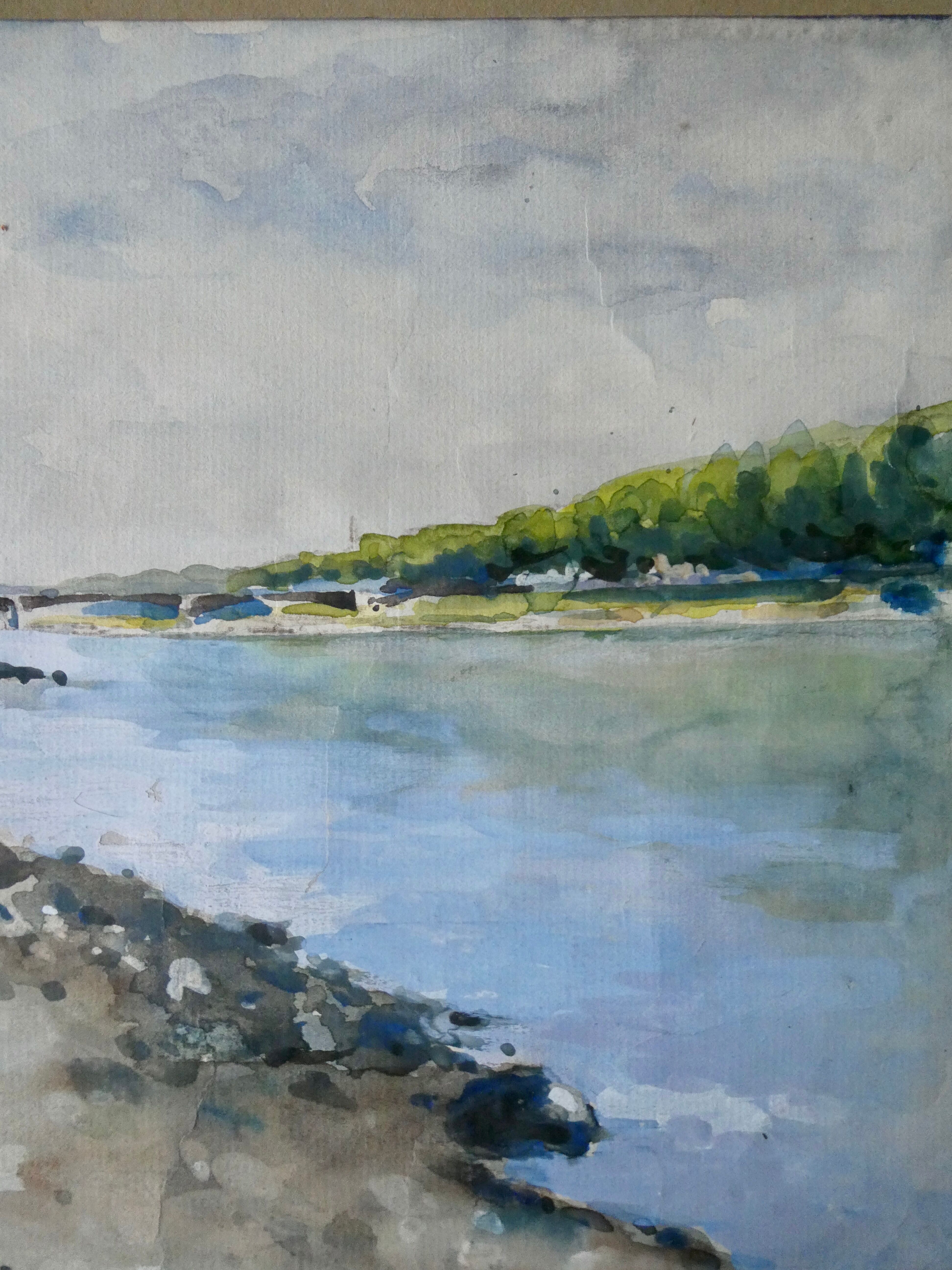 Watercolor painting of Ile Saint Denis, banks of the Seine, signed