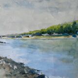 Watercolor painting of Ile Saint Denis, banks of the Seine, signed