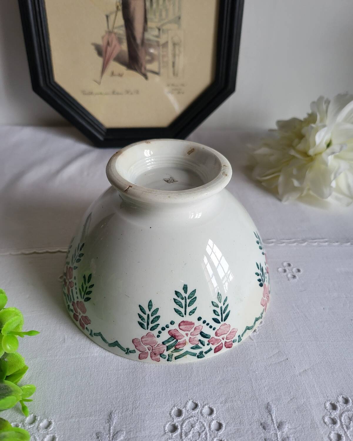 Old Bowl in Earthenware with Flower Decoration Marked underneath M