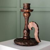 Brutalist carved wood candle holder, dark brown with lighter highlights, made in Italy, 1940s