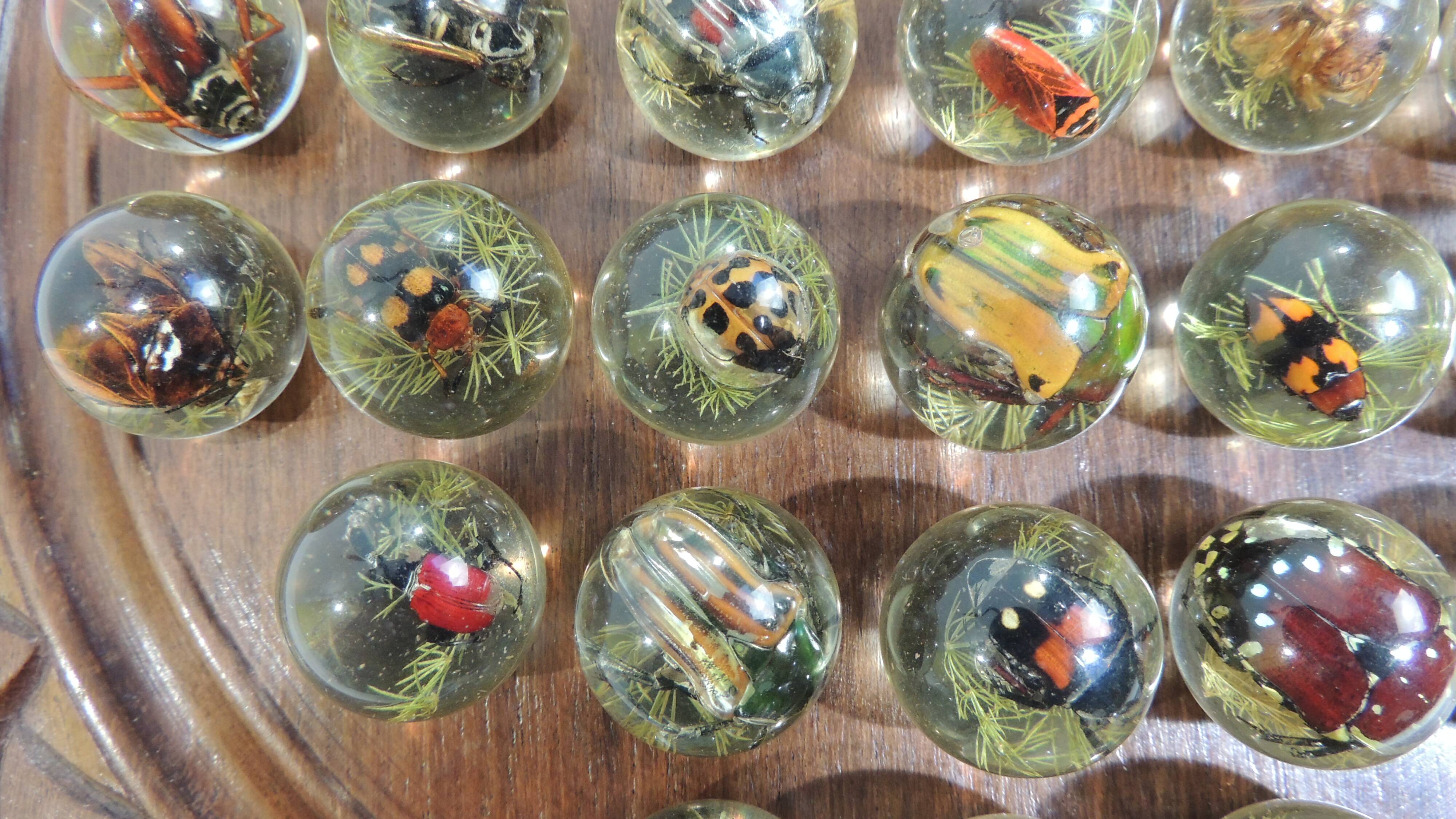 Vintage wooden carved solitaire game – Resin balls with insects –