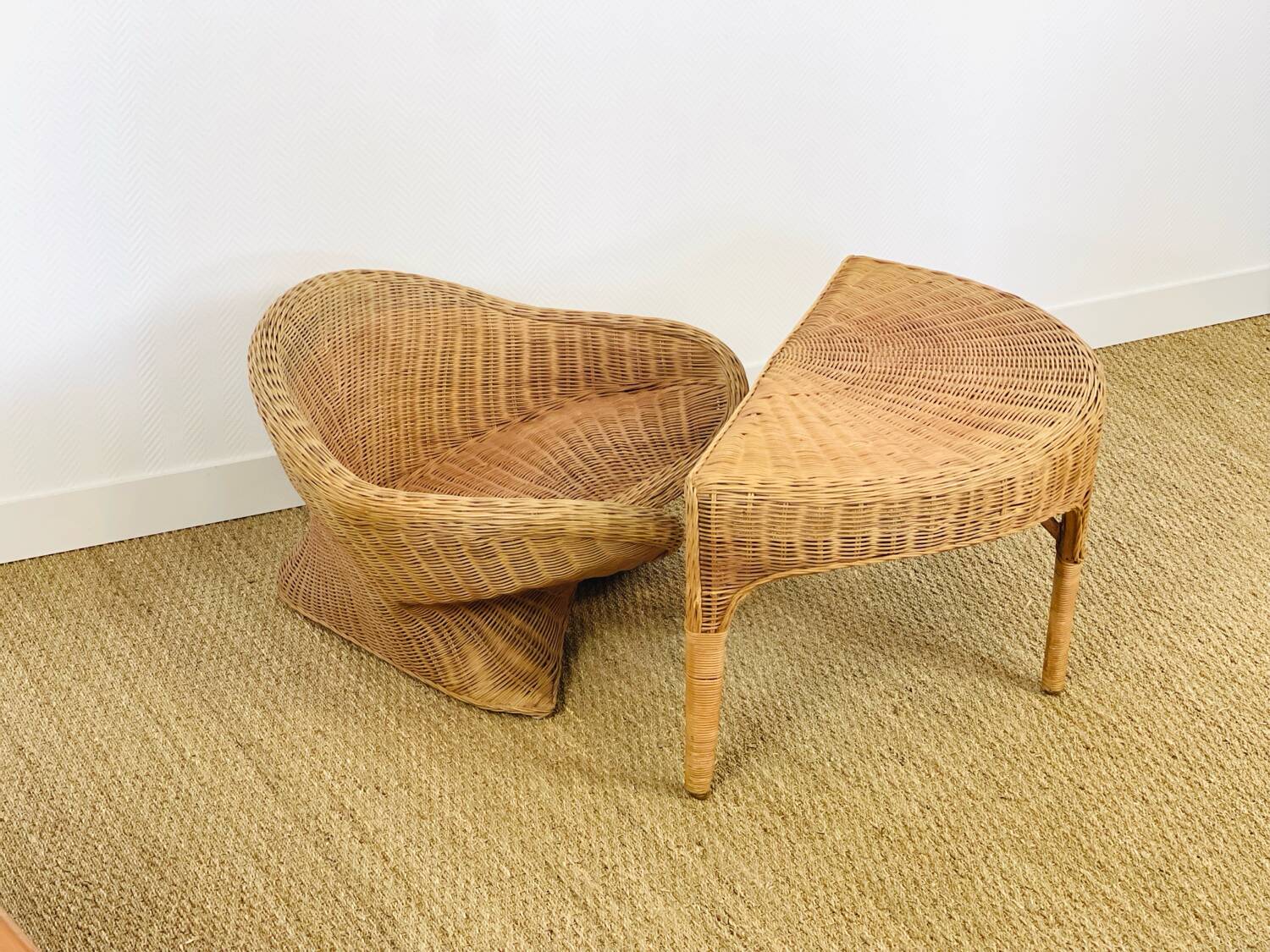 Lotus meditation chair and rattan table, 1960s
