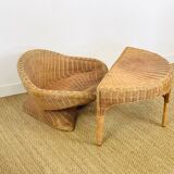 Lotus meditation chair and rattan table, 1960s