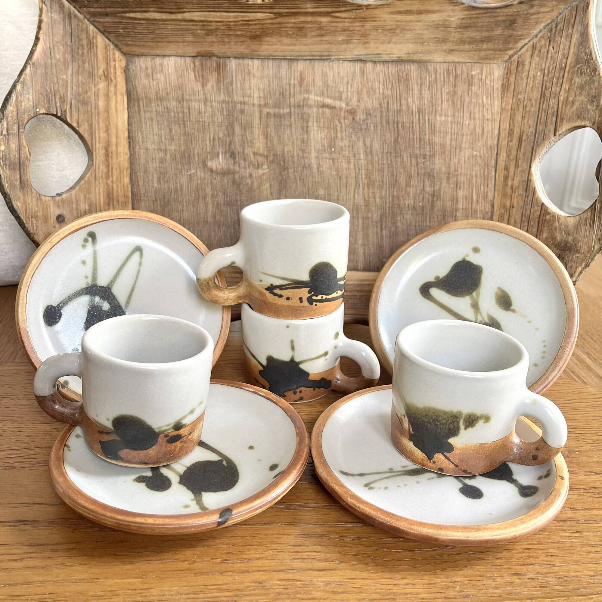 Coffee cups and plates Poterie de La Colombe tachist stoneware 50/60