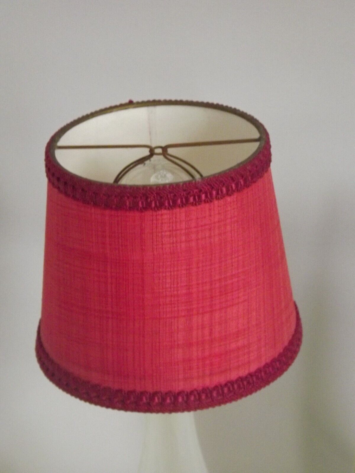 Brass & white glass table lamp red fabric shade