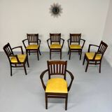 Lot de 6 chaises bistrot fauteuils en bois et simili jaune vintage année 80