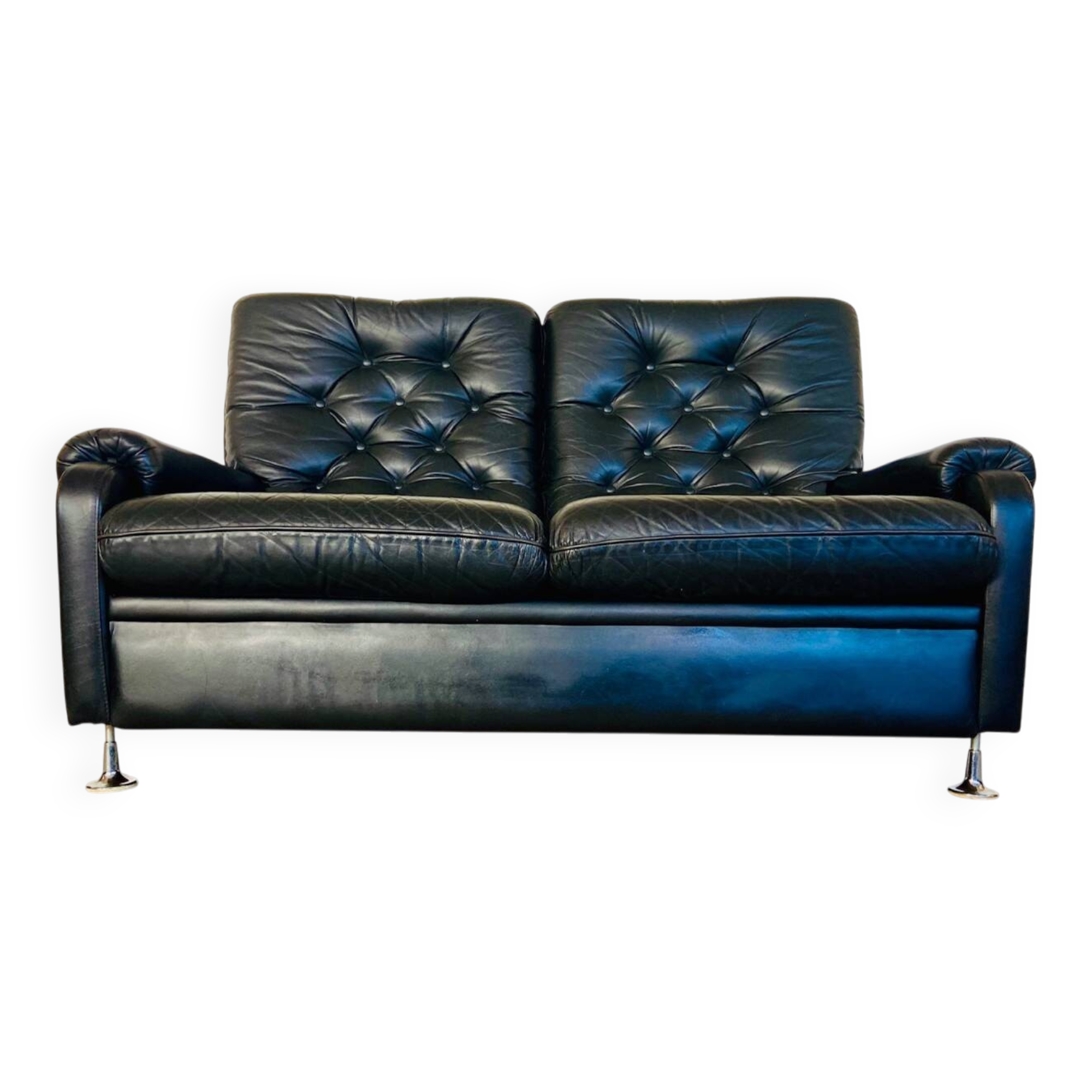 Canapé vintage danois rétro 2 places en cuir noir capitonné, années 1970