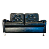 Canapé vintage danois rétro 2 places en cuir noir capitonné, années 1970