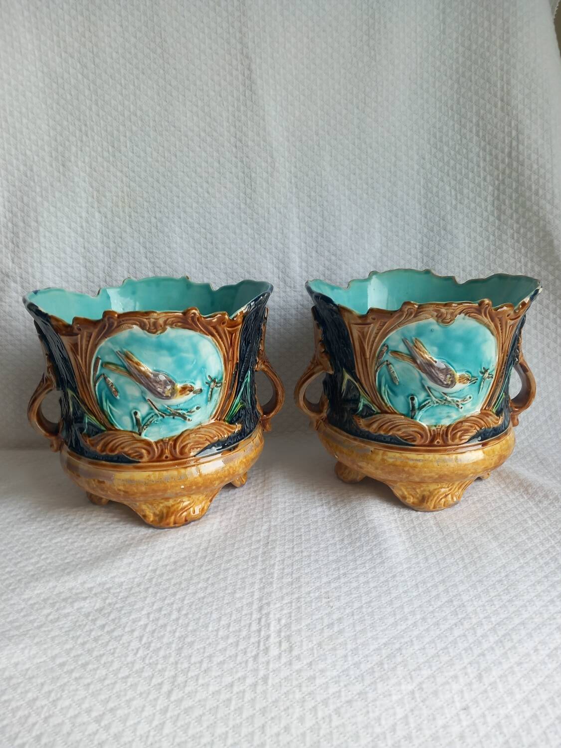 Pair of antique cache-pots in majolica – Art Nouveau 19th century