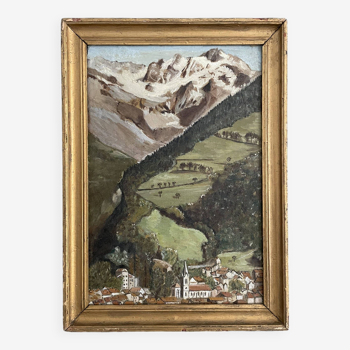 Tableau ancien, paysage de montagne signé Billet