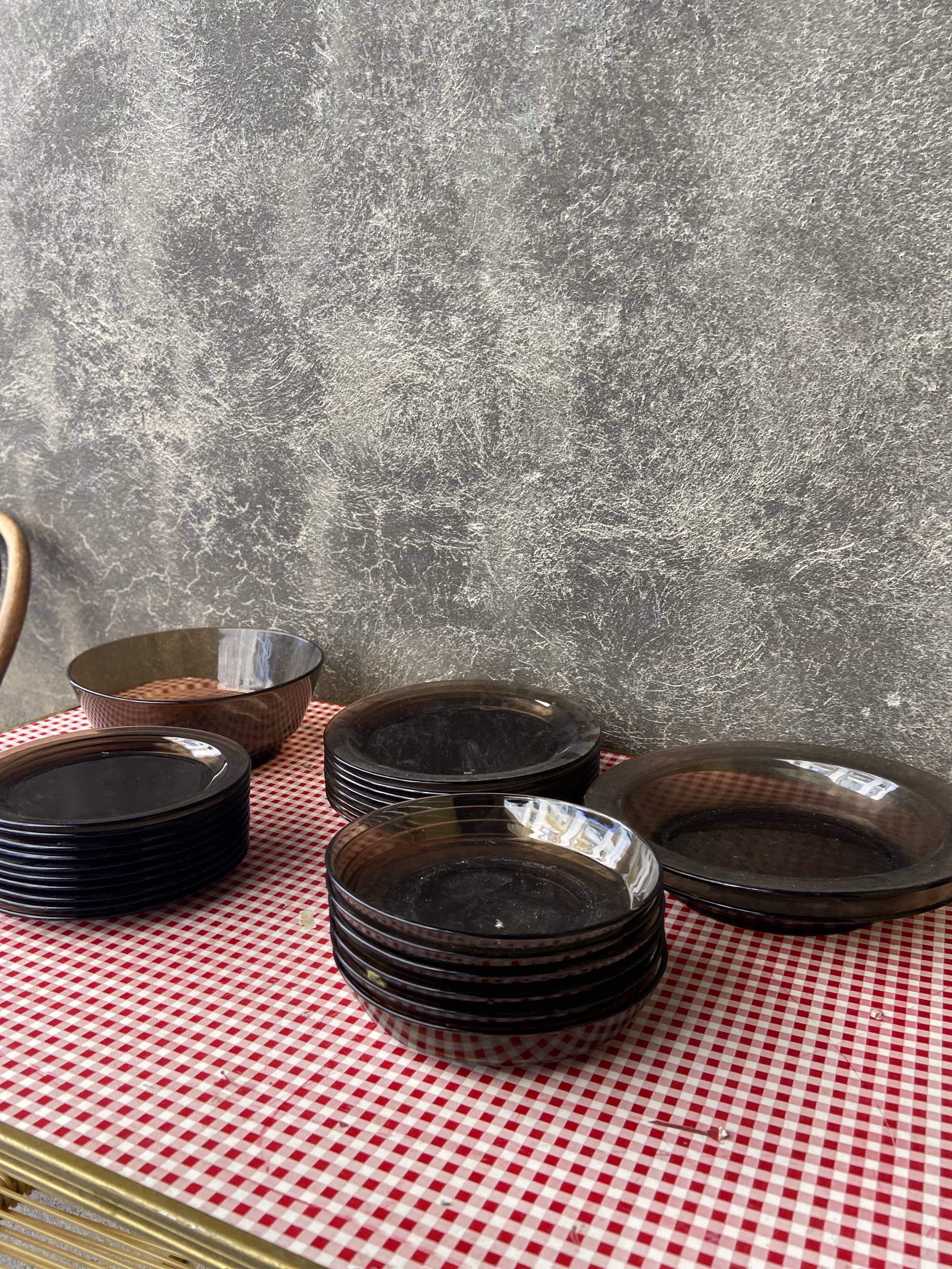 Set of smoked glass tableware 70s