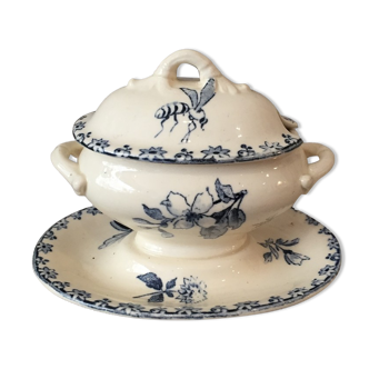 Mustard tree in Sarreguemines earthenware favorite model blue with decoration of insect and bird flowers