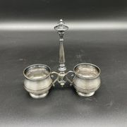Double salt dish, silver metal, round base, socket, engraved decor, table decoration, chic, hallmark