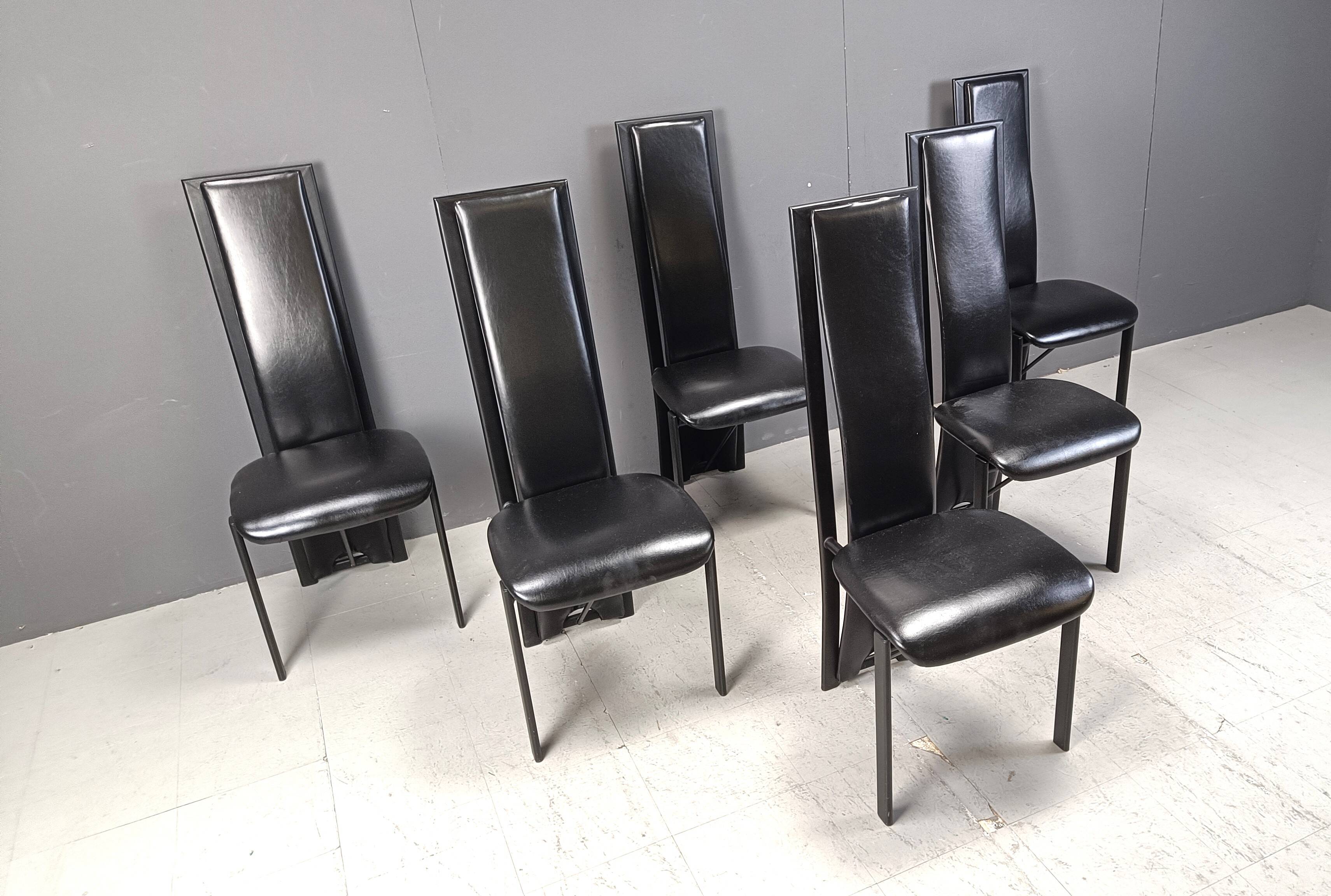 Chaises de salle à manger hautes en cuir noir vintage, lot de 6, années 1980