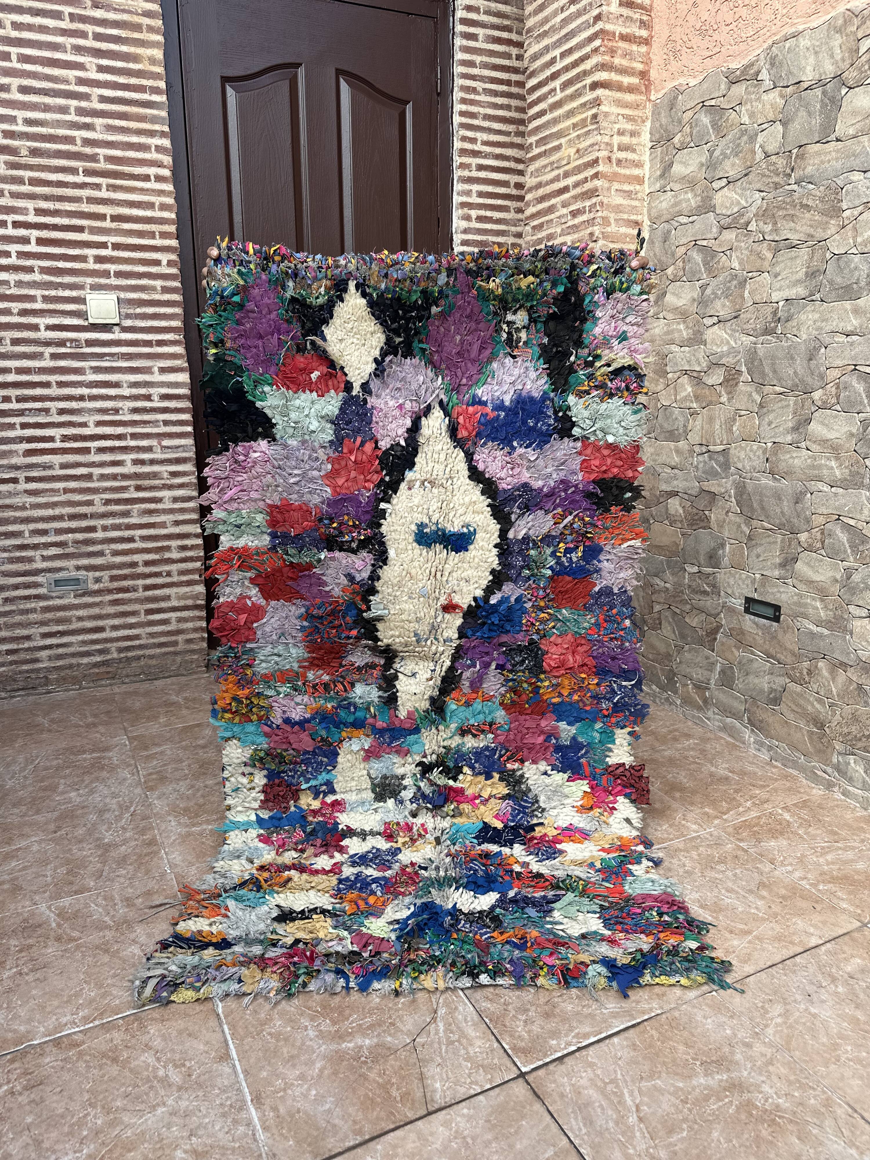 Vintage Moroccan Boucherouite rug: small abstract rug