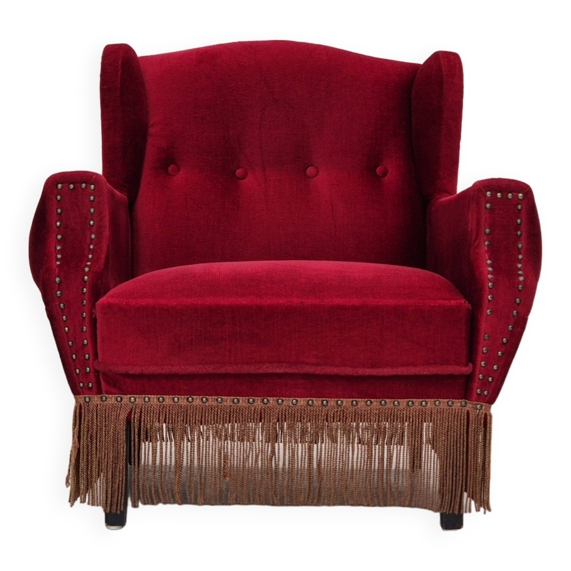 Fauteuil danois, originale, meuble en velours, pieds en bois de chêne