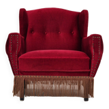 Fauteuil danois, originale, meuble en velours, pieds en bois de chêne