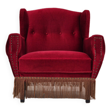 Fauteuil danois, originale, meuble en velours, pieds en bois de chêne