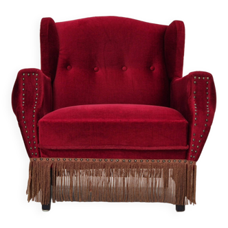 Fauteuil danois, originale, meuble en velours, pieds en bois de chêne
