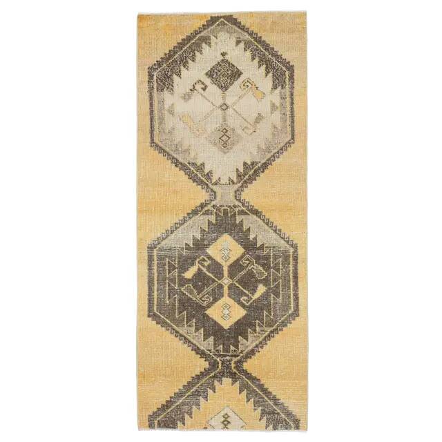 Vintage Turkish Hand-Knotted Wool Cotton Yellow Runner Rug 81x204