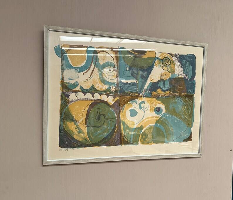 Large Original Swedish Graphic Sheet – "Composition" by Thormod Larsen – 1971 – Vintage and Framed – 79 × 59 cm (31.1" × 23.2")