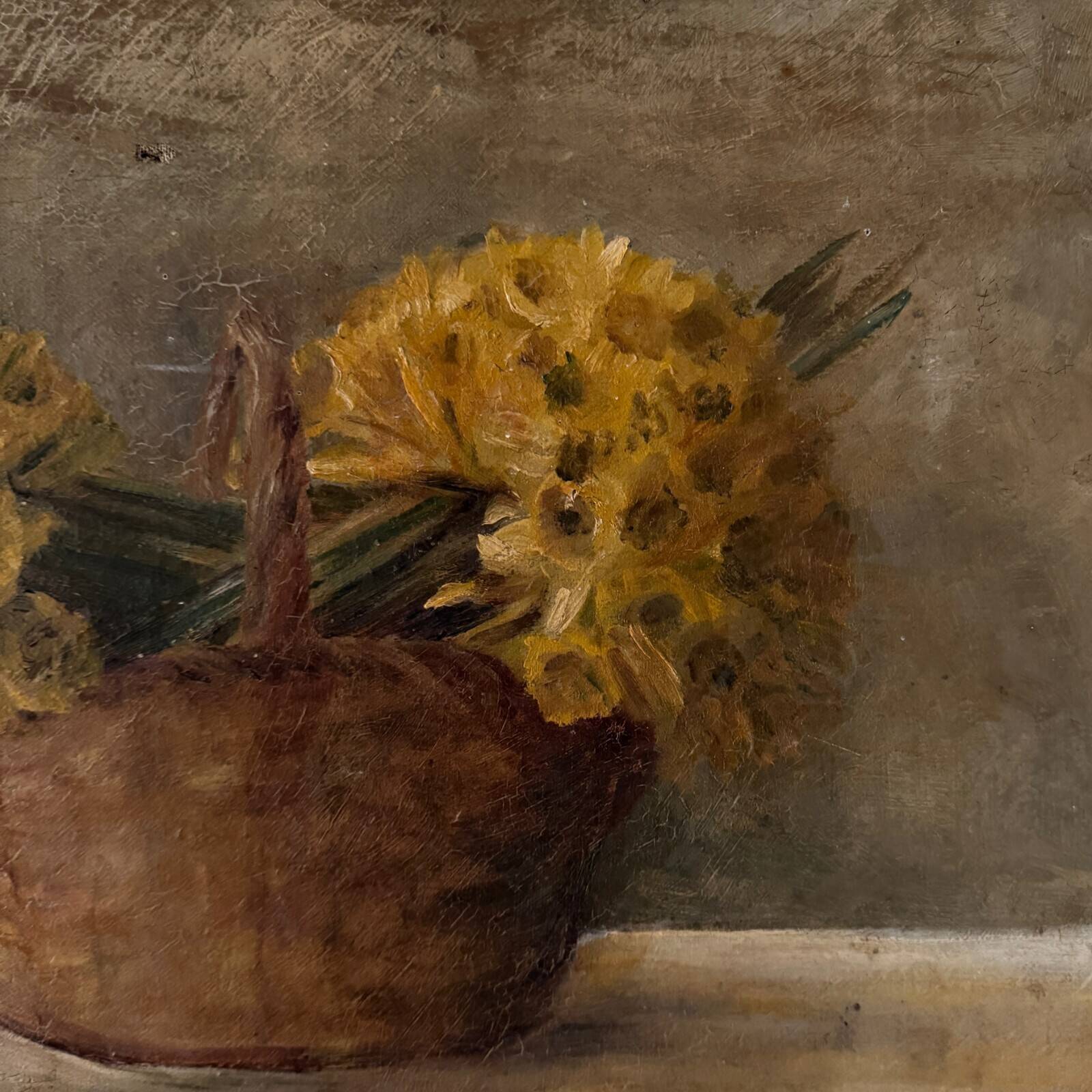 Oil on canvas still life bouquets of daffodils in a basket 20th century