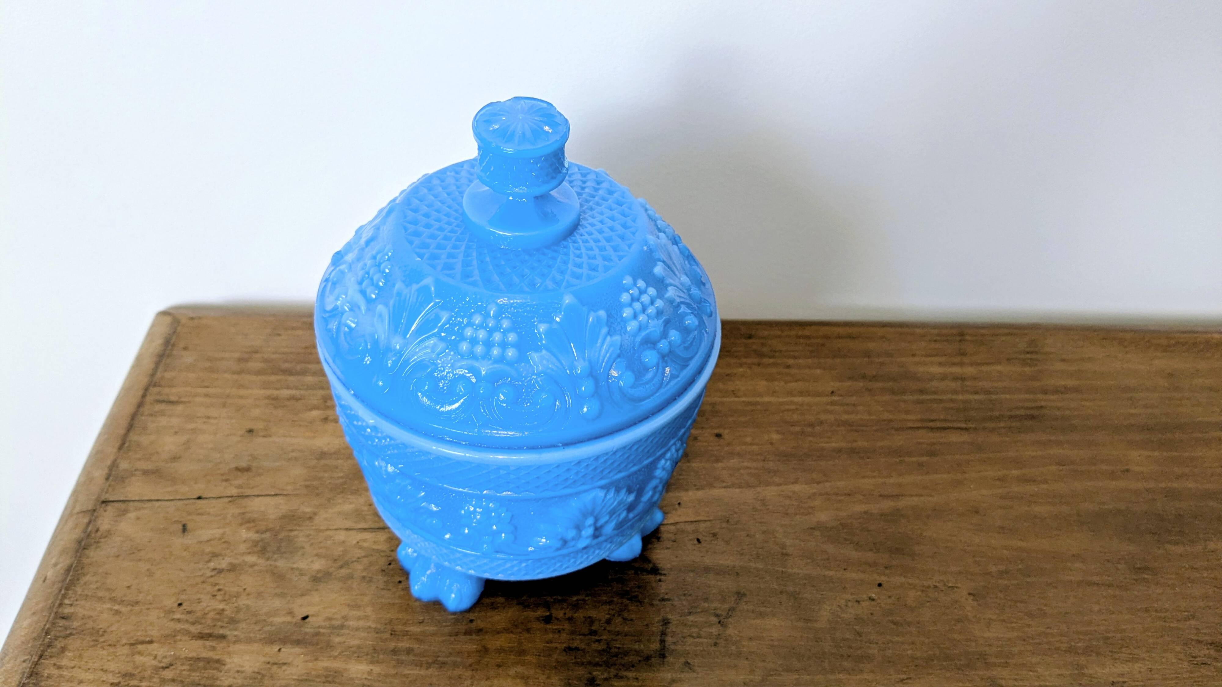 Blue moulded opaline bonbonnière, first half of the 20th century.