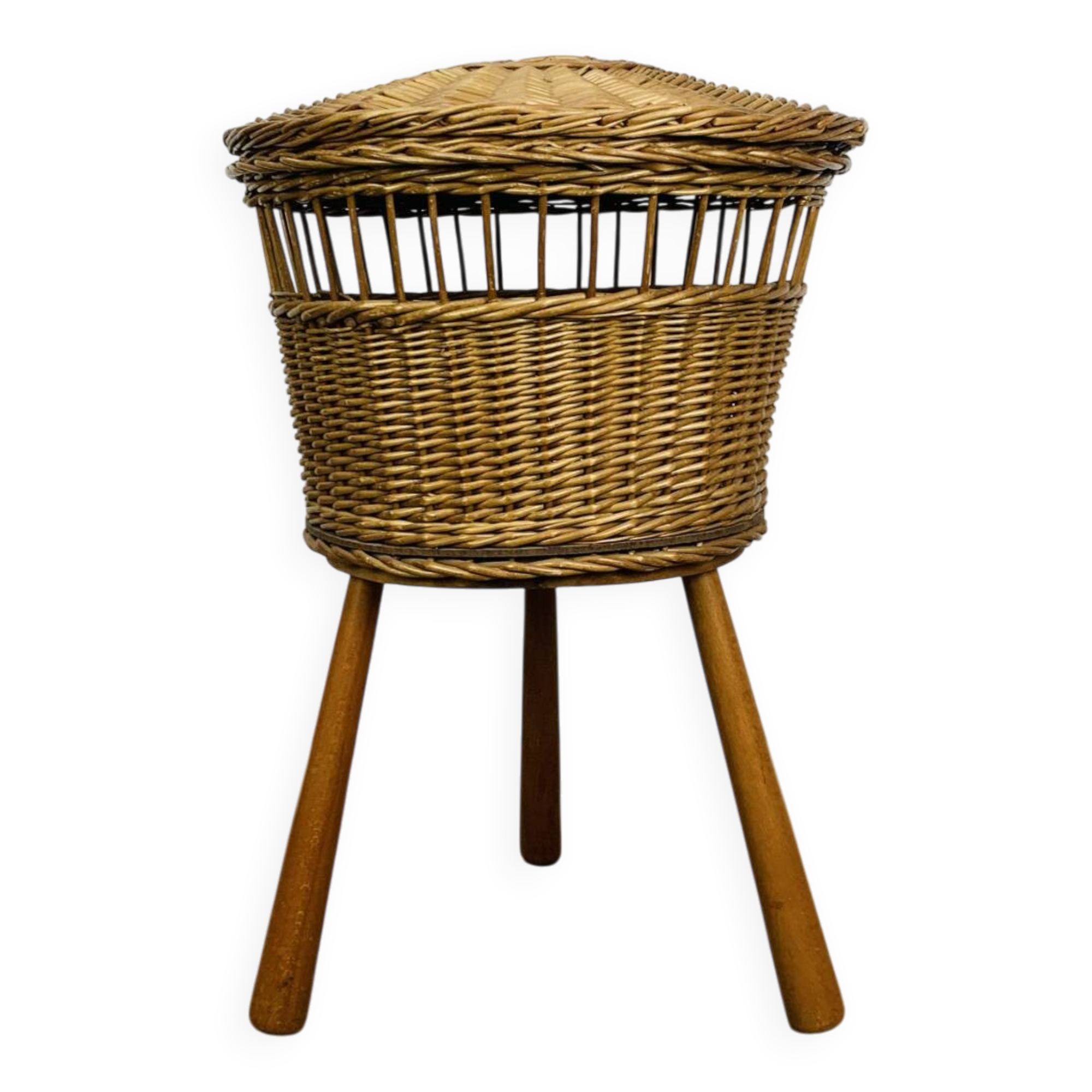 Tripod rattan basket, club feet, 1960s