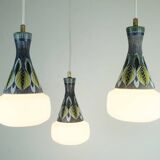 exceptionally beautiful danish modern PENDANT LIGHT teak opaline glass ceramic 3-light hanging lamp