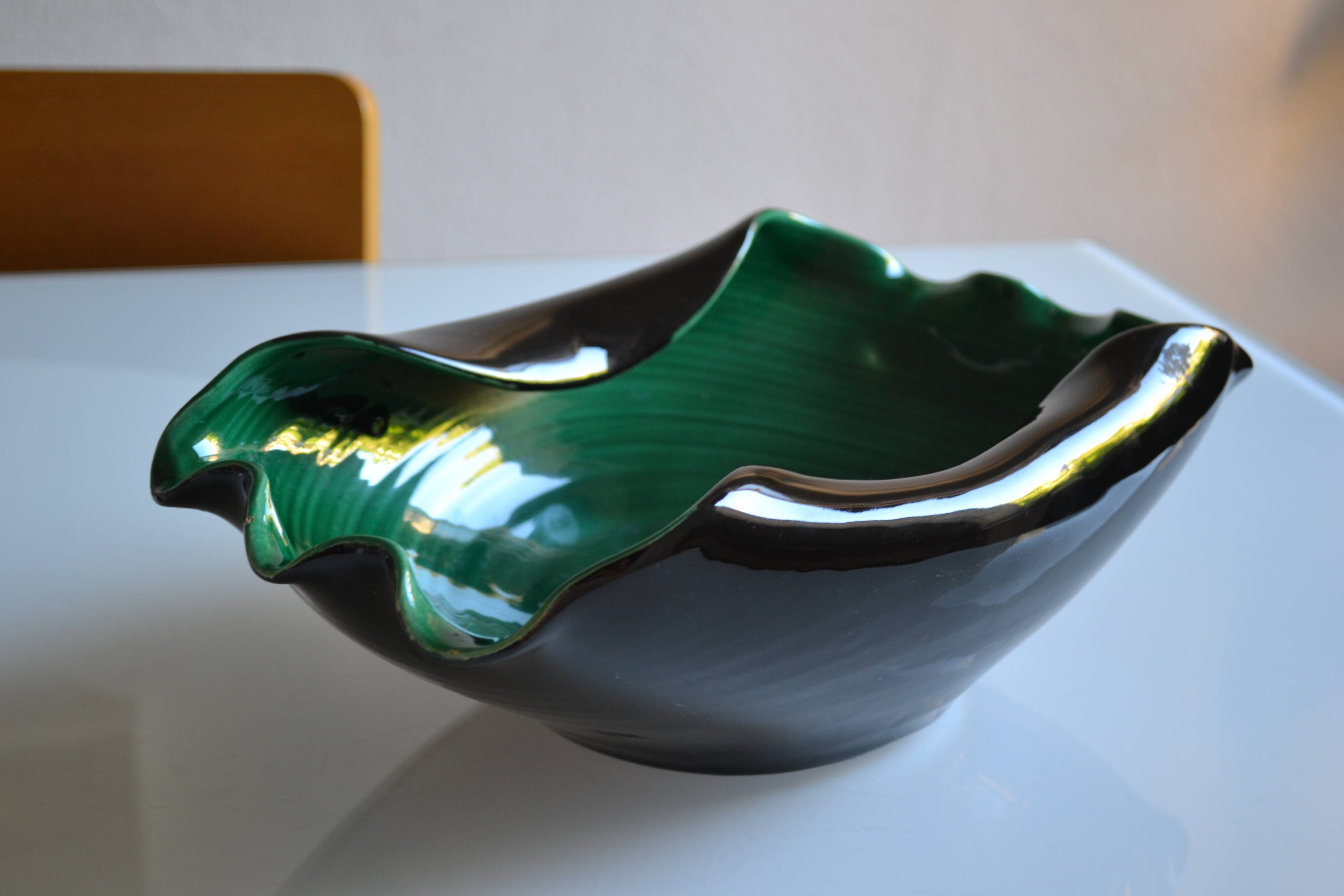 Grande coupe à fruits en céramique vert et noir années 60 60's 1960