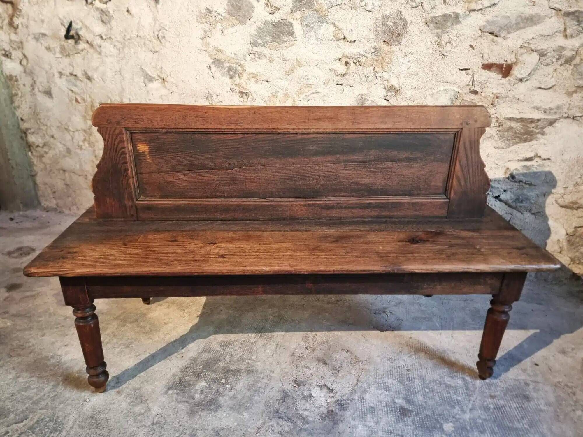 Antique French oak station bench – double-sided, 19th century (140 x 61 x 86 cm)