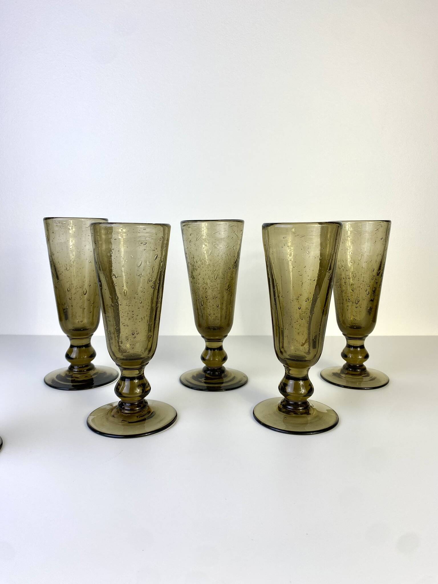 Set of 6 vintage black bubble glass champagne flutes