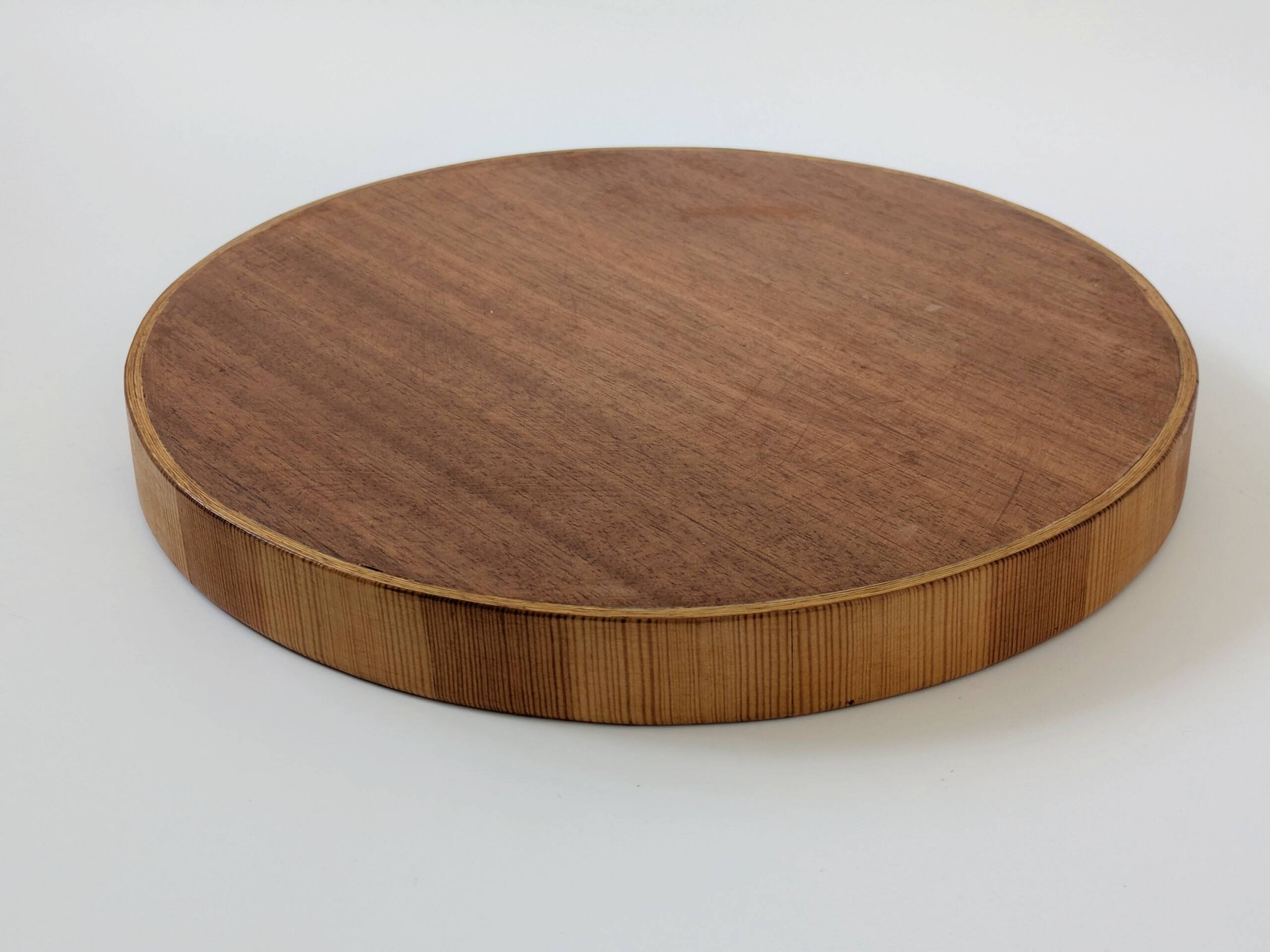 Round checkered tray in marquetry wood, vintage design from the 60s
