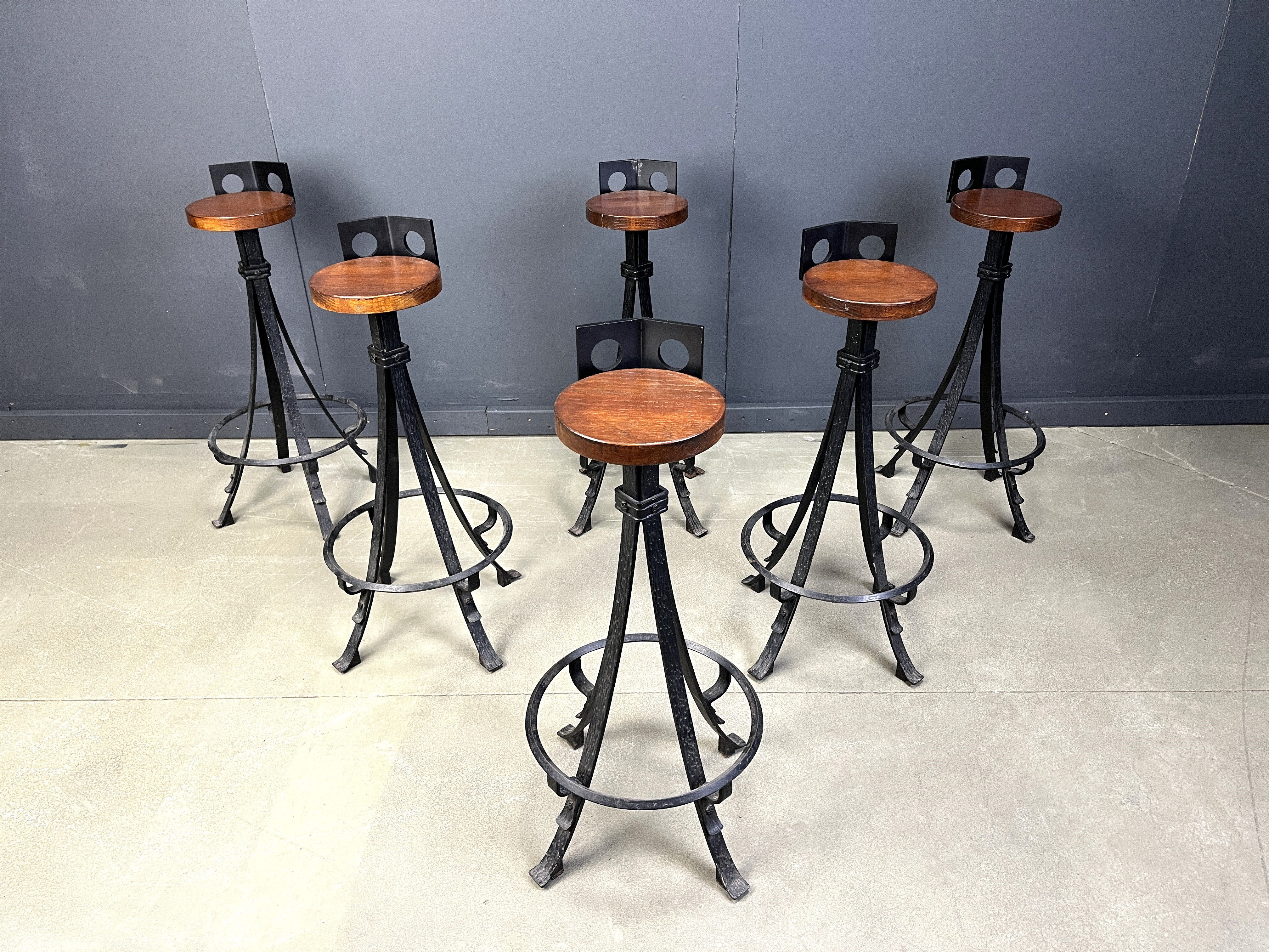 Vintage brutalist wrought iron bar stools, 1960s - set of 6