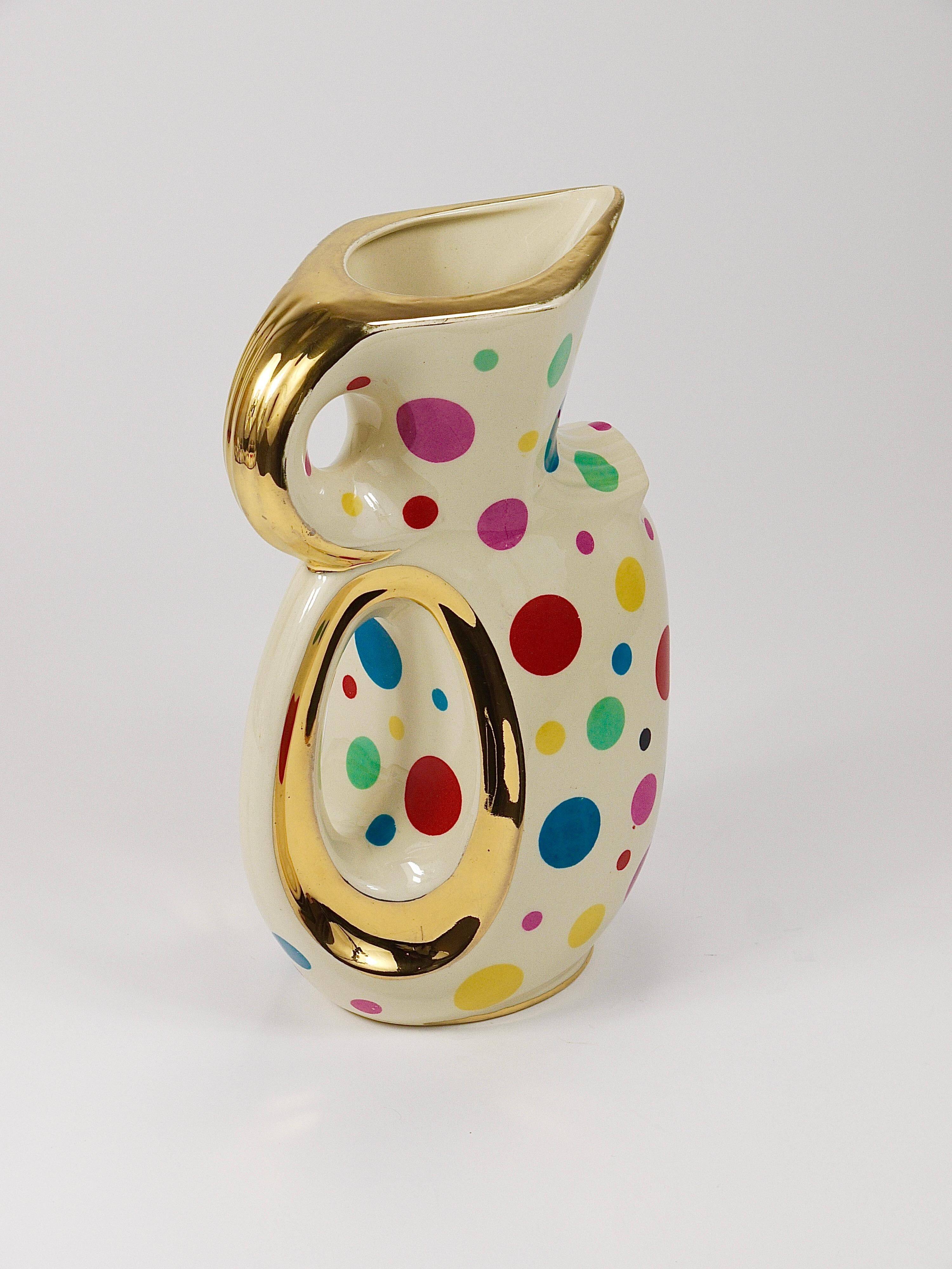 Boch Frères Pichet / Mid-Century Jug in Gold and Polka Dots, Belgium, 1950s