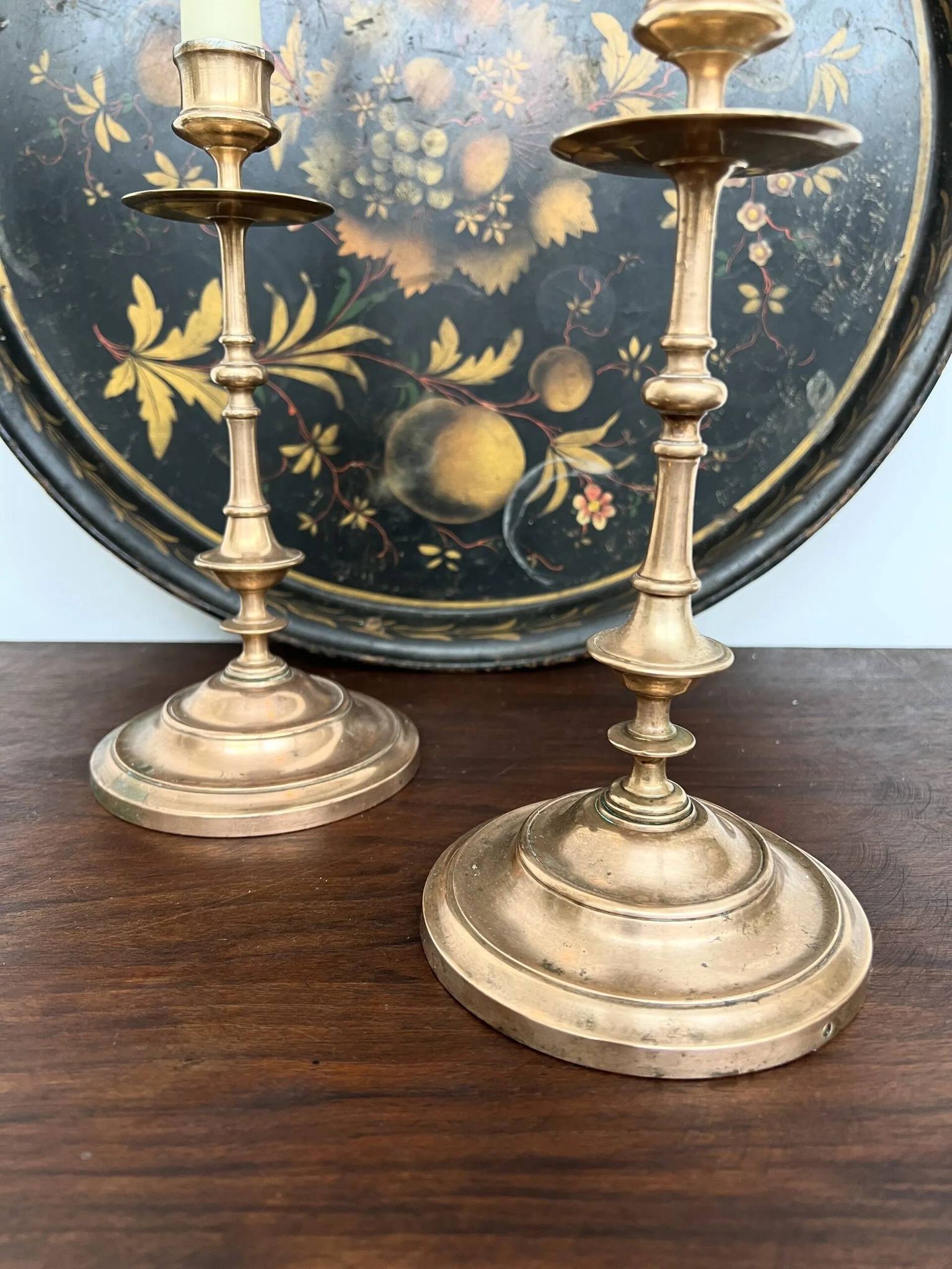 Pair of antique turned rose brass candlesticks (24 cm)