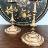 Pair of antique turned rose brass candlesticks (24 cm)