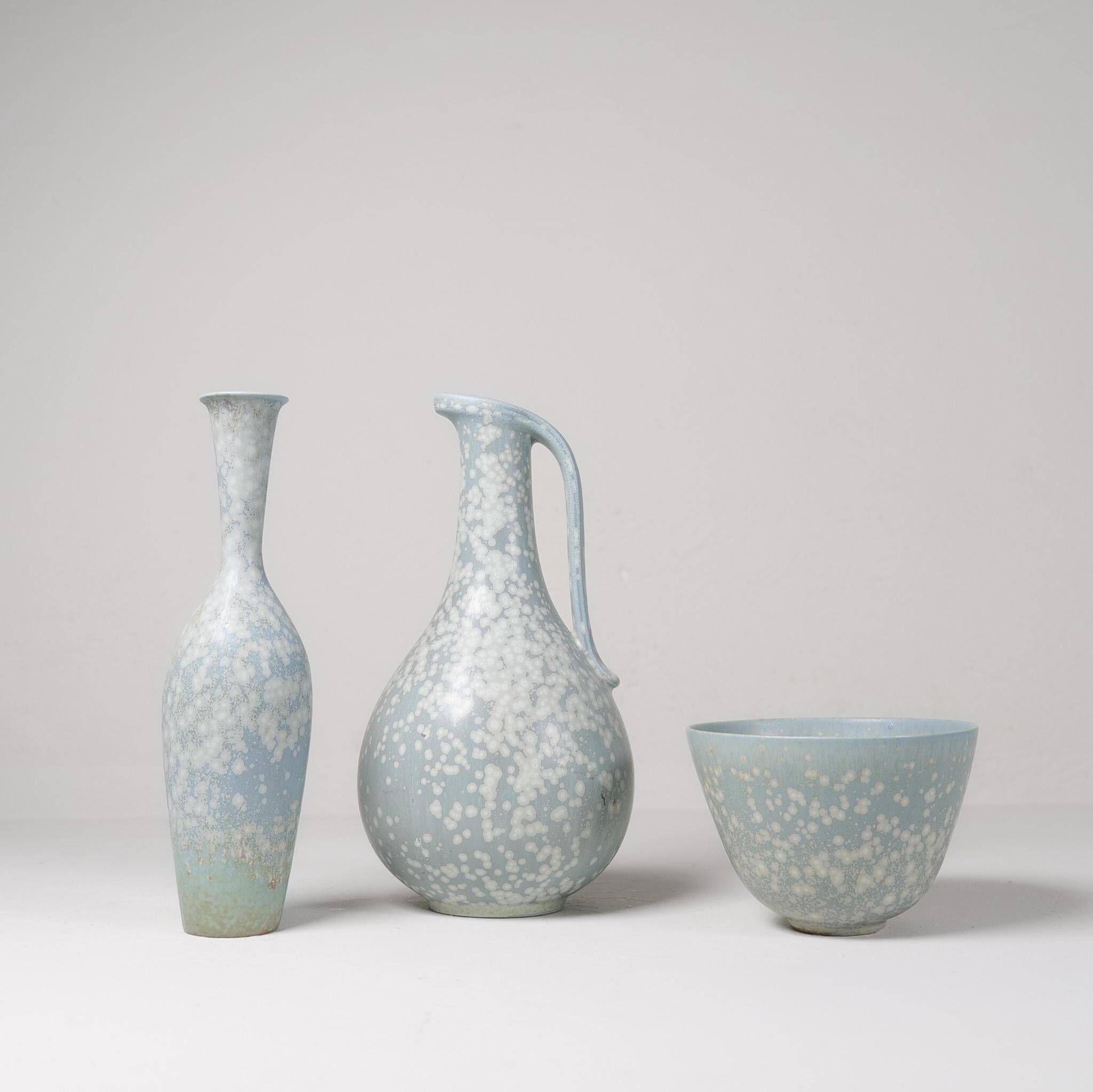 Mid-century modern three-piece ceramic set by Rörstrand, Gunnar Nylund, Sweden, 1950s.