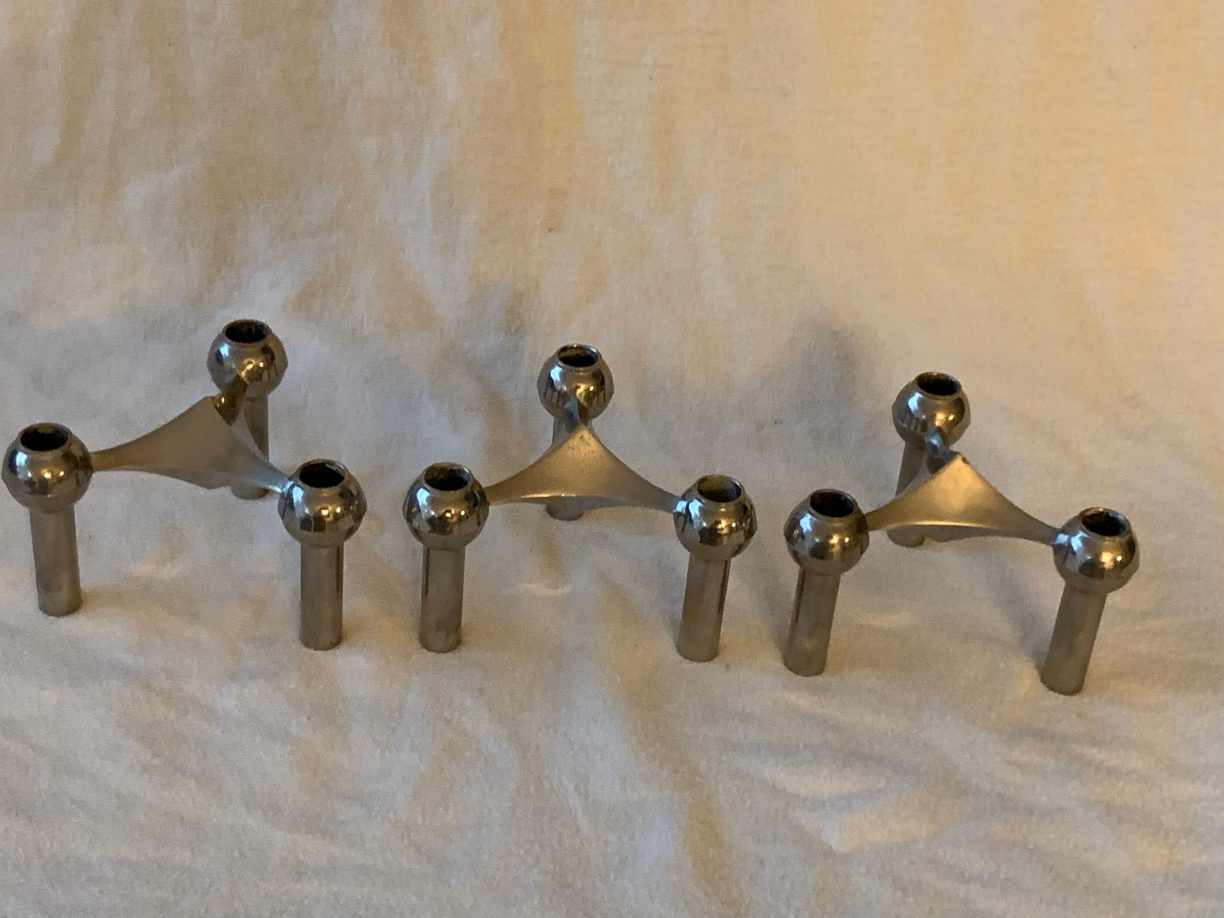 3 chrome metal candlesticks designed Nagel 1970