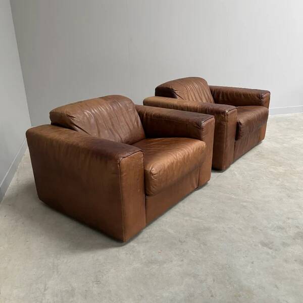 Ensemble de fauteuils en cuir marron vintage, années 1970.
