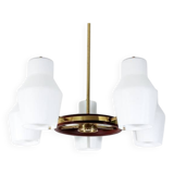 Danish suspension structure in brass and teak with 5 opaline heads