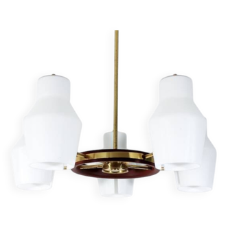 Danish suspension structure in brass and teak with 5 opaline heads